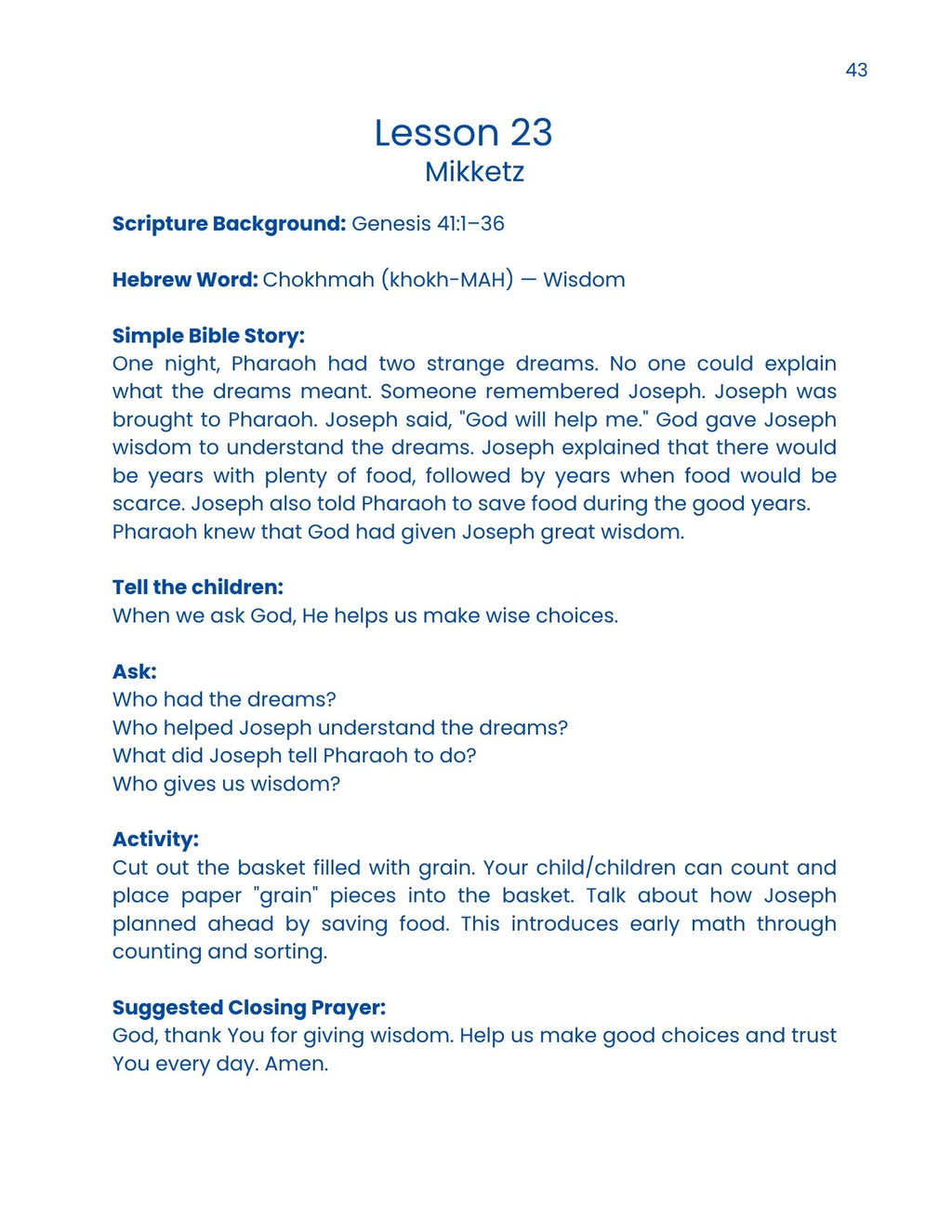 Digital Messianic Kindergarten Bible Curriculum Teacher's Book
